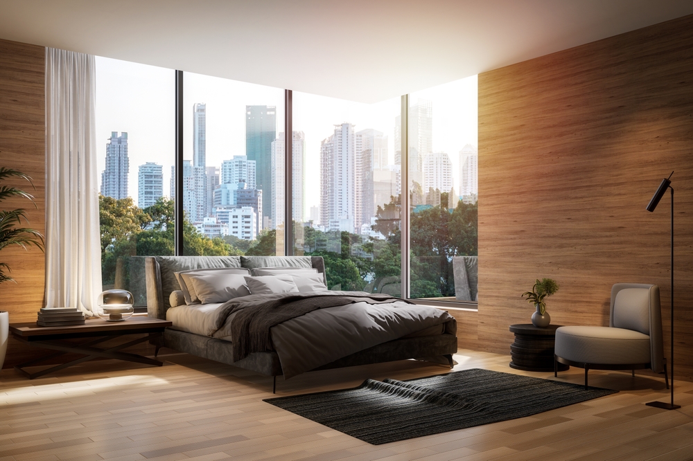 modern,contemporary,bedroom,with,city,view,background,3d,render,,there